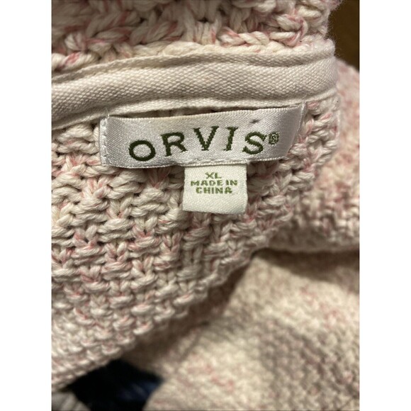 Orvis Open Knit Cardigan Womens Buttonless XL Pink Off White Front Pockets - Picture 6 of 7